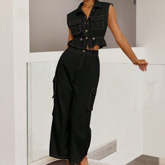 Women's Pocket Drawstring Waist Sleeveless Top And Casual Pants Set - Picture 1 of 4